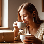**Emotional Connection & Storytelling:** A Polish woman, mid-30s, sips coffee in a cozy, sunlit room, a faint nostalgic smile on her face. Next to her, a beautifully wrapped package with a handwritten note and a small, exquisite piece of handcrafted jewelry from a Polish brand. The atmosphere is warm, intimate, and authentic, emphasizing deep emotional connection and personalized customer experience through storytelling.