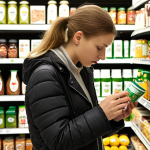 **

A consumer in Poland meticulously examining a product label in a supermarket. The focus is on details like country of origin, ingredients, and ethical certifications. The overall impression should be of a conscious and informed purchasing decision. Consider adding elements of Polish local brands and products.

**
