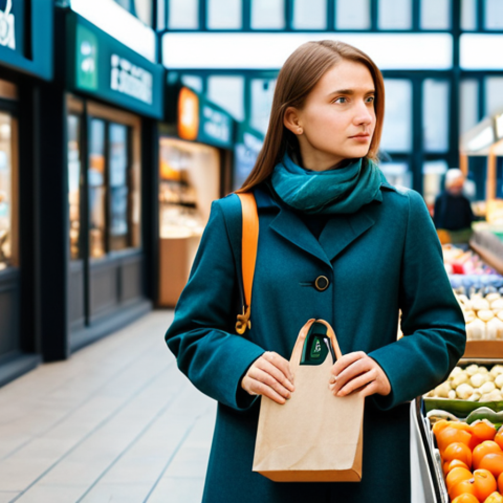 A thoughtful Polish woman in a modest, smart casual outfit, standing in a brightly lit modern marketplace with a blend of local artisan stalls and neatly organized global brand displays in the background. She is holding a reusable shopping bag and looking intently at a product, considering its origin and quality, reflecting on conscious consumer choices. Her pose is natural, conveying a sense of empowerment and deliberate decision-making. The scene is well-lit, professional photography, with a shallow depth of field. safe for work, appropriate content, fully clothed, modest clothing, perfect anatomy, correct proportions, well-formed hands, proper finger count, natural body proportions, high quality.