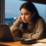 감정적 구매 결정 과정 - **Prompt:** A young adult woman sits at a cluttered desk in her cozy but slightly messy apartment, l...