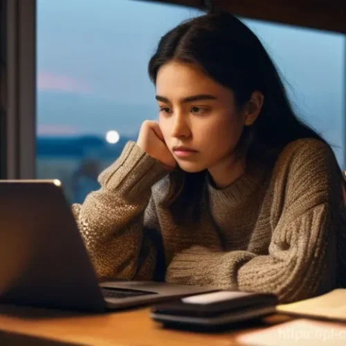 감정적 구매 결정 과정 - **Prompt:** A young adult woman sits at a cluttered desk in her cozy but slightly messy apartment, l...