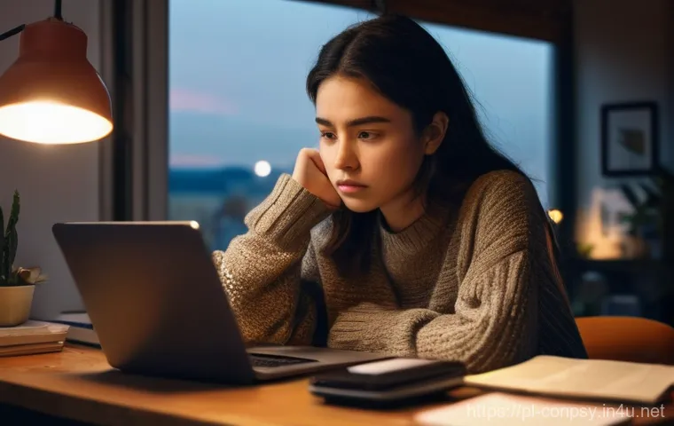 감정적 구매 결정 과정 - **Prompt:** A young adult woman sits at a cluttered desk in her cozy but slightly messy apartment, l...