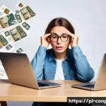 소비자 감정 피로도 - A busy Polish shopper sitting at a modern desk with a laptop open to multiple online shopping tabs, ...