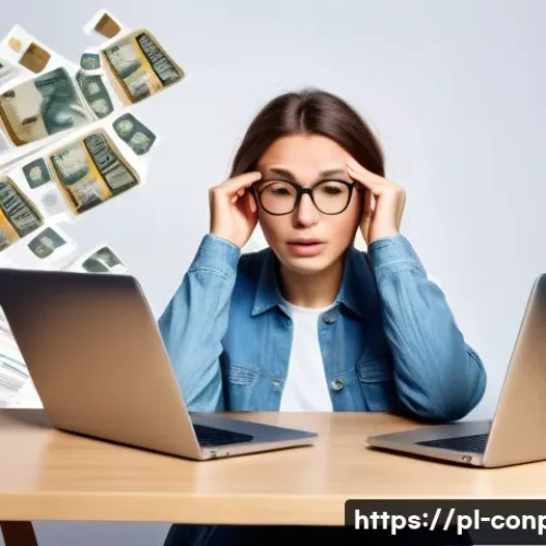 소비자 감정 피로도 - A busy Polish shopper sitting at a modern desk with a laptop open to multiple online shopping tabs, ...