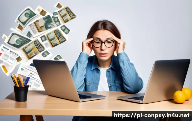 소비자 감정 피로도 - A busy Polish shopper sitting at a modern desk with a laptop open to multiple online shopping tabs, ...