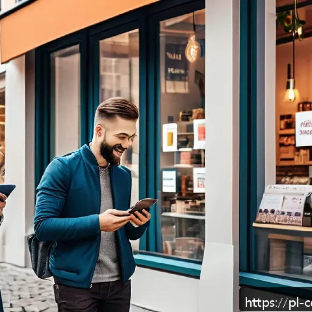 심리학적 트리거를 통한 소비자 행동 예측 - A vibrant modern Polish marketplace scene showing diverse customers engaging with digital devices, r...