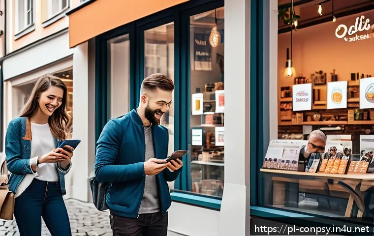 심리학적 트리거를 통한 소비자 행동 예측 - A vibrant modern Polish marketplace scene showing diverse customers engaging with digital devices, r...
