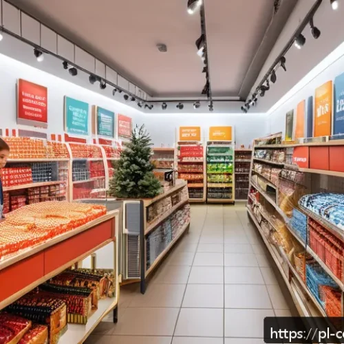 Home 32 심리적 트리거와 소비자 반응 분석 - A vibrant Polish retail store interior with prominent red and orange promotional banners hanging abo...
