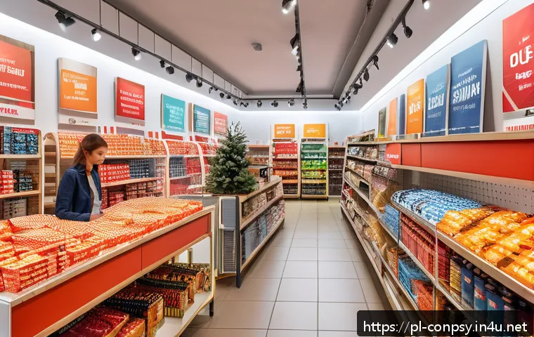 심리적 트리거와 소비자 반응 분석 - A vibrant Polish retail store interior with prominent red and orange promotional banners hanging abo...