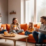 Home 18 감정적 소비자 행동 분석 - A cozy, warmly lit modern living room scene featuring a smiling Polish family of four enjoying coffe...