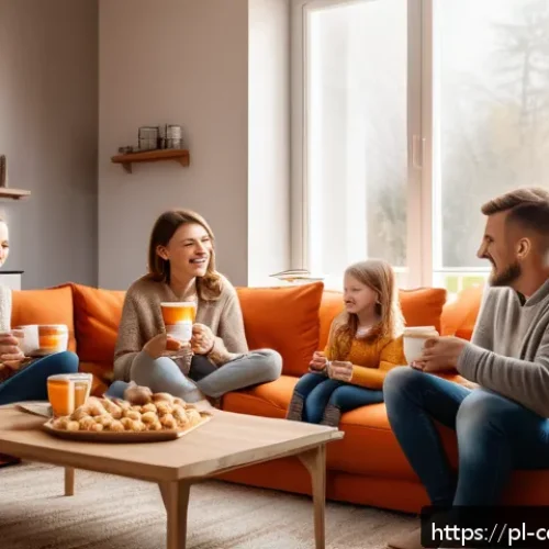 Home 30 감정적 소비자 행동 분석 - A cozy, warmly lit modern living room scene featuring a smiling Polish family of four enjoying coffe...
