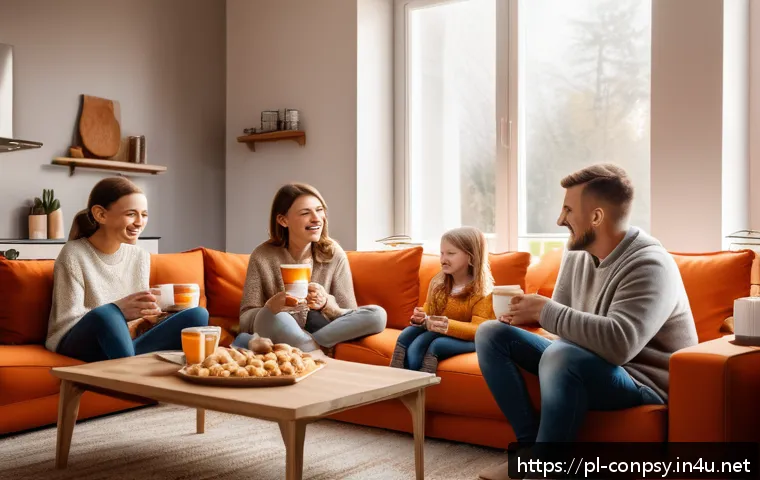 감정적 소비자 행동 분석 - A cozy, warmly lit modern living room scene featuring a smiling Polish family of four enjoying coffe...